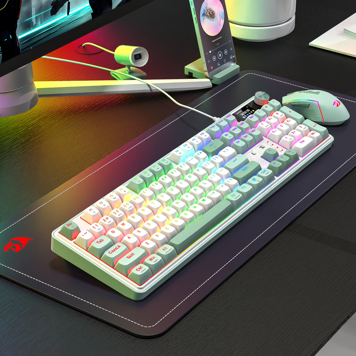 Redragon WYVERN K761 Pro Full-size RGB Wireless Mechanical Gaming Keyboard - White/Green