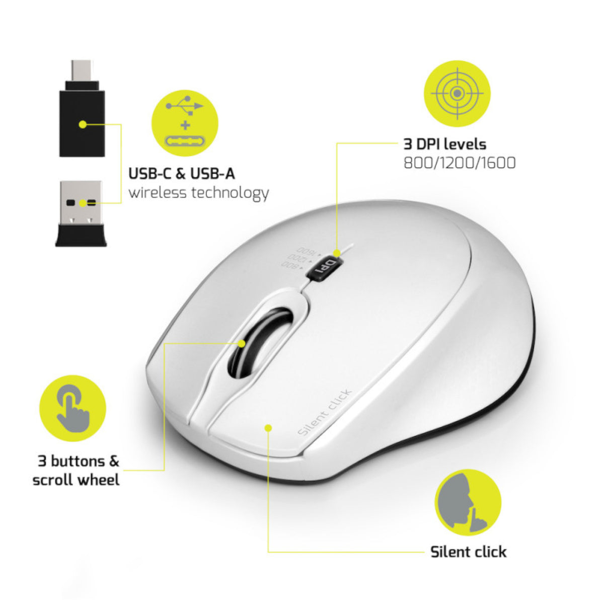 Port Connect Silent 1600DPI 3 Button Wireless Mouse - White