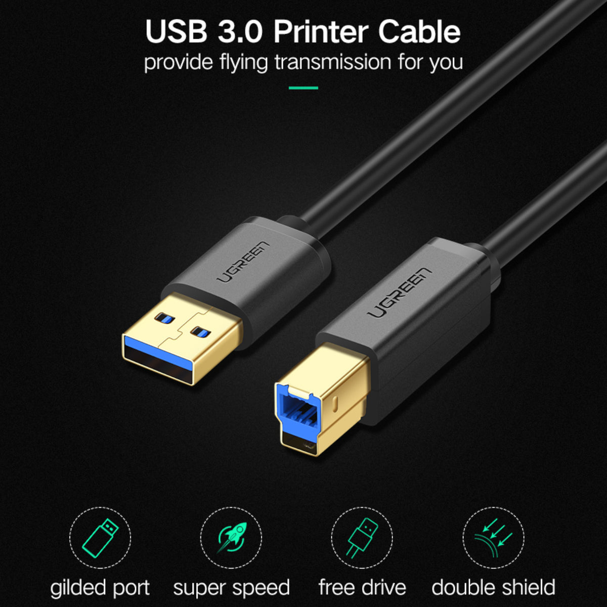 UGREEN US210 USB-A Printer Cable 2M - Black